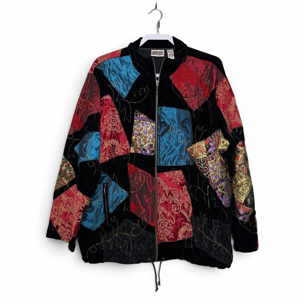 Chicos Patchwork Jacket Size 3 XL Velvet 90s Whimsigoth Artsy Boho Zip Art Wear